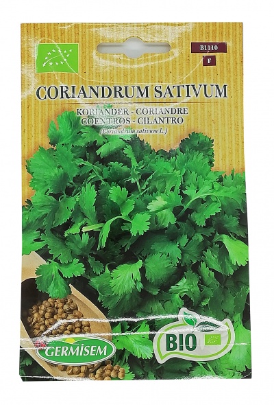 Pacote de sementes de coentros em fundo amarelo com imagem das folhas e sementes.