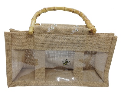 Saco de juta com janelas transparentes e alça em bambu