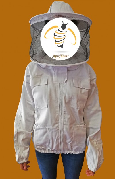 Casaco branco de apicultura com véu protetor mostrando logotipo Apisflanis