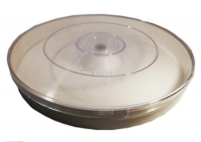 Caixa redonda para guardar CDs ou DVDs com tampa transparente e base branca