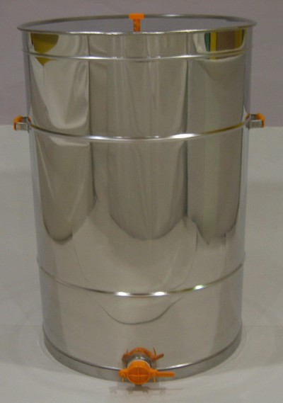 Contentor cilíndrico metálico prateado com válvula laranja