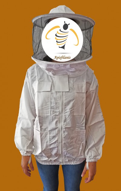 Roupa de apicultor branca com rede protetora preta e logótipo Apisflanis
