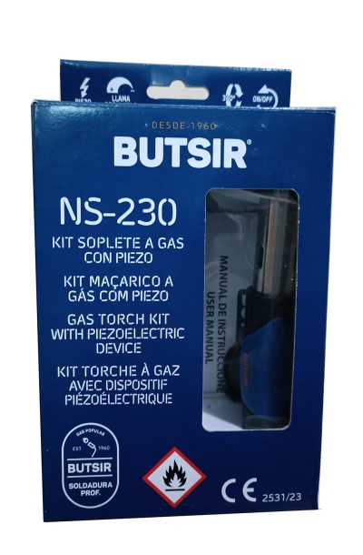 Embalagem azul do kit de maçarico a gás BUTSIR NS-230 com janela que mostra o maçarico.