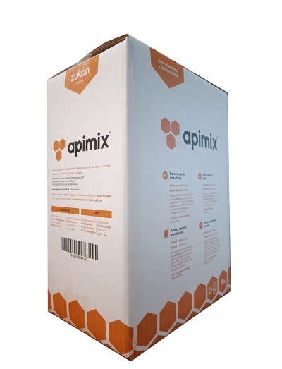Caixa branca e laranja com texto e logotipo apimix