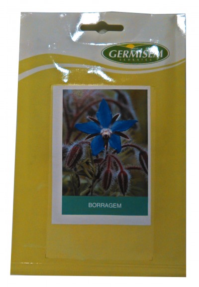 Pacote amarelo de sementes Germisem com fotografia de flor azul e texto BORRAGEM