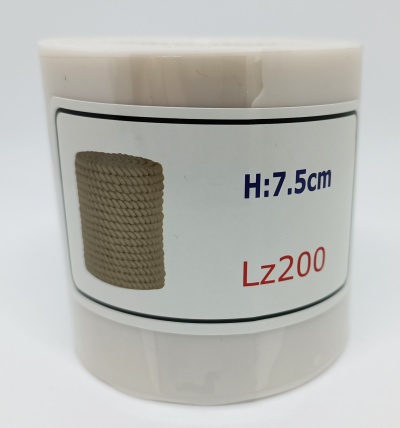 Rolo de corda bege com rótulo mostrando corda castanha e texto H:7.5cm e Lz200