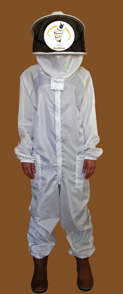 Macacão branco de apicultura com capuz e rede preta, logótipo 'Apisflamis'