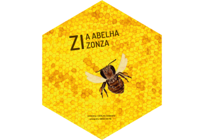 Embalagem hexagonal amarela com padrão de favos de mel e abelha ilustrada com texto Z! A ABELHA ZONZA