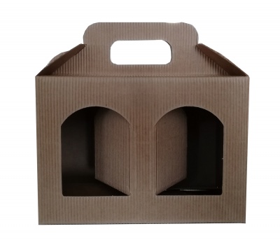 Caixa em cartão castanho com duas janelas e pega superior