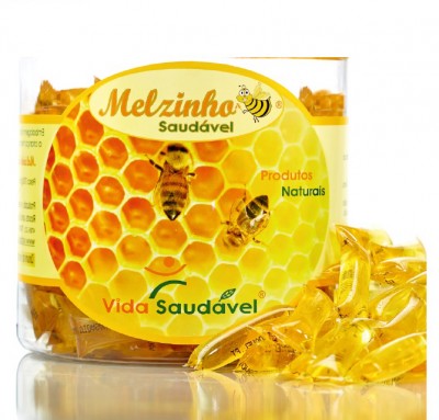 Embalagem plástica transparente com cápsulas amarelas e rótulo de mel com abelhas e texto Melzinho Saudável