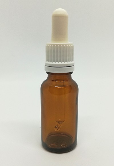 Frasco conta-gotas castanho com tampa branca em fundo branco