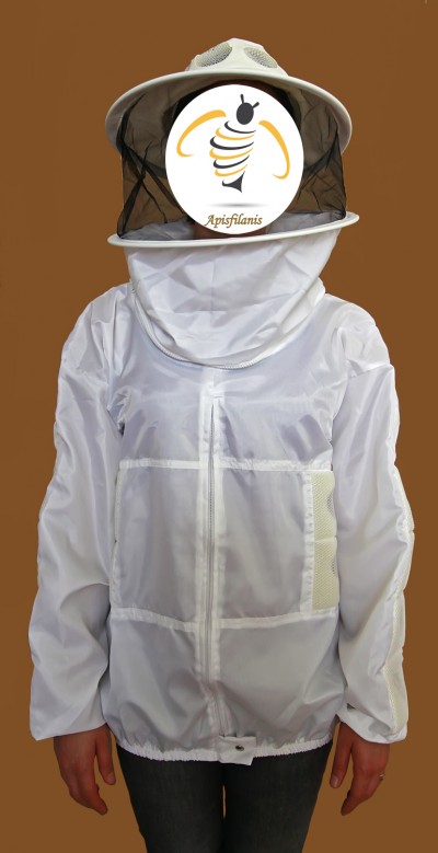 Casaco de apicultor branco com rede negra na cabeça e fecho frontal