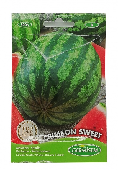 Pacote de sementes para melancia Crimson Sweet com imagem da fruta e textos
