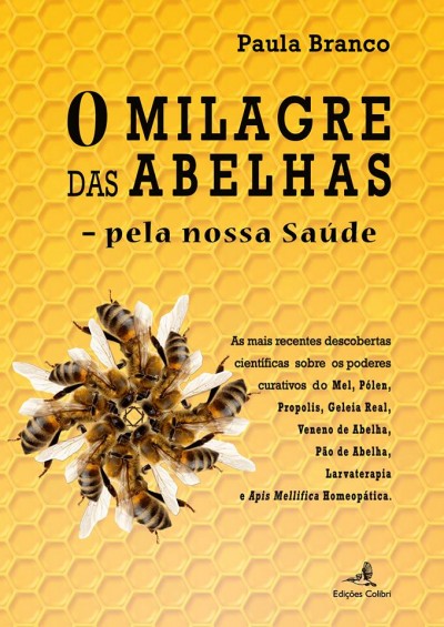 Capa de livro amarela com padrão de favos de mel e imagens de abelhas