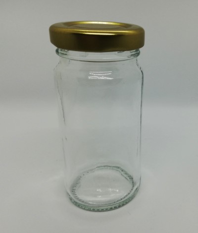 Frasco de vidro transparente com tampa metálica dourada
