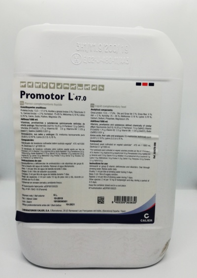 Recipiente branco com etiqueta do produto Promotor L 47.0 da marca Calier