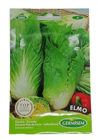 Pacote de sementes de chicória escarola da Germisem com texto e imagem do produto