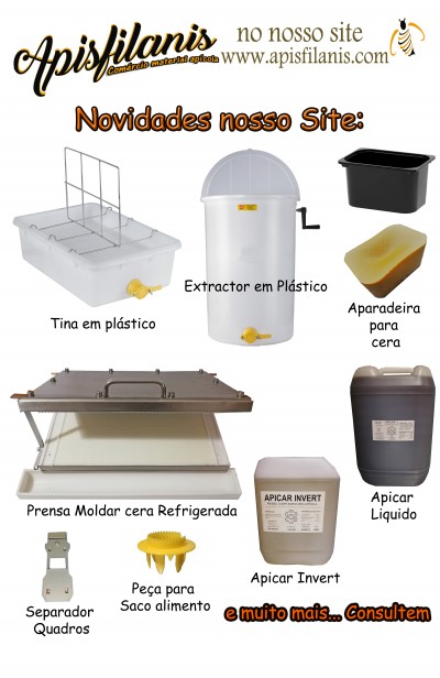 Produtos apícolas incluindo tina, extractor, apareadeira, prensa, separador e produtos líquidos com texto em português