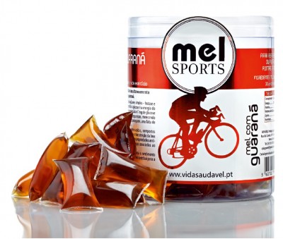 Frasco de Mel Sports guaraná com sachês de gel energético