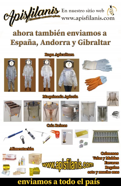 Produtos de apicultura incluindo roupas, luvas, maquinaria, ferramentas, alimentação e caixas de produtos com texto promocional em espanhol e português
