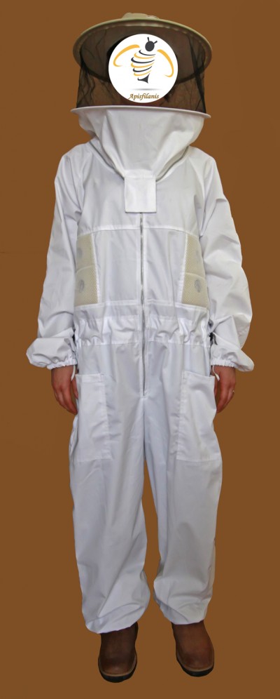 Macacão de apicultura branco com véu de proteção e logótipo de abelha