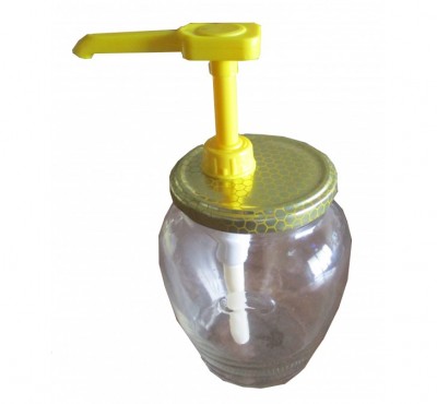 Frasco de vidro com tampa amarela e dispenser amarelo