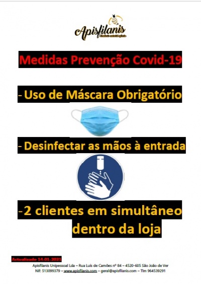 Placa com medidas de prevenção Covid-19 e contacto da Apisfilanis