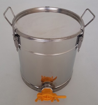 Recipiente metálico com tampa e torneira laranja