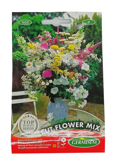 Pacote de sementes de flores CUT FLOWER MIX com vaso azul cheio de flores variadas