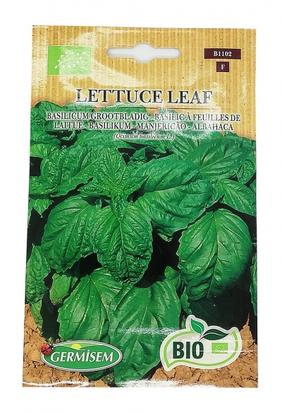 Pacote de sementes de manjericão com imagem de folhas verdes e selo BIO