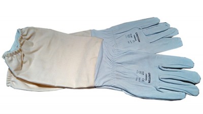 Par de luvas de proteção bege e azul com texto impresso