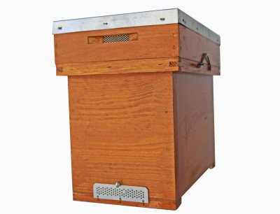 Caixa de madeira para abelhas com tampa metálica prateada