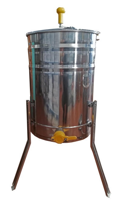 Recipiente metálico prateado com tampa e pernas inclinadas