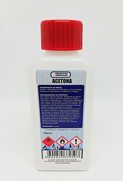 Frasco branco de acetona com tampa vermelha e rótulo azul e branco