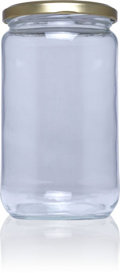 Frasco de vidro transparente com tampa metálica dourada