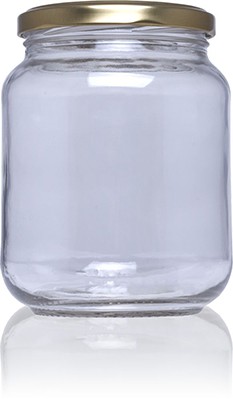 Frasco de vidro transparente com tampa metálica dourada vazio