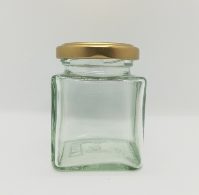 Frasco quadrado de vidro com tampa dourada