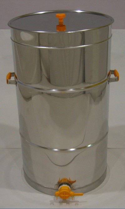 Recipiente metálico cilíndrico com alças e válvulas laranja