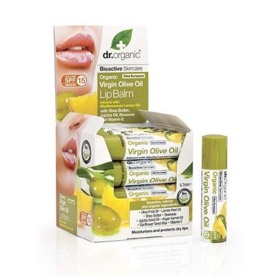 Bálsamo labial dr.organic Organic Virgin Olive Oil Lip Balm com embalagem verde e branca