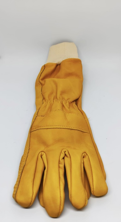 Luva de trabalho em couro amarelo com punho branco elástico