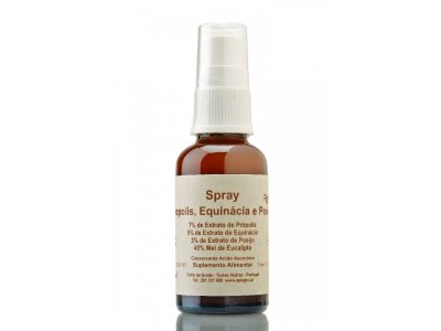 Frasco de spray castanho com tampa branca e etiqueta creme com texto