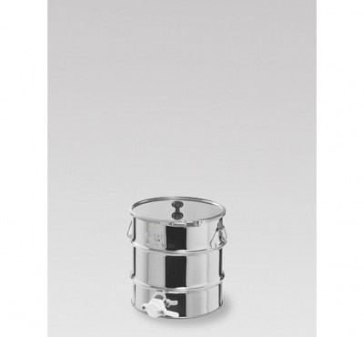 Recipiente metálico prateado com torneira e tampa sobre fundo cinza