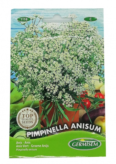 Pacote de sementes Pimpinella Anisum com ilustração da planta e texto da marca.