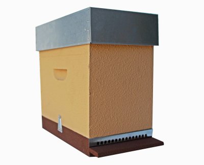 Colmeia de abelhas em madeira amarela com tampa metálica