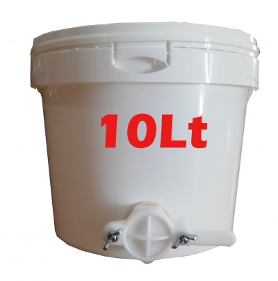 Balde branco de plástico com tampa e torneira, inscrição 10Lt em vermelho