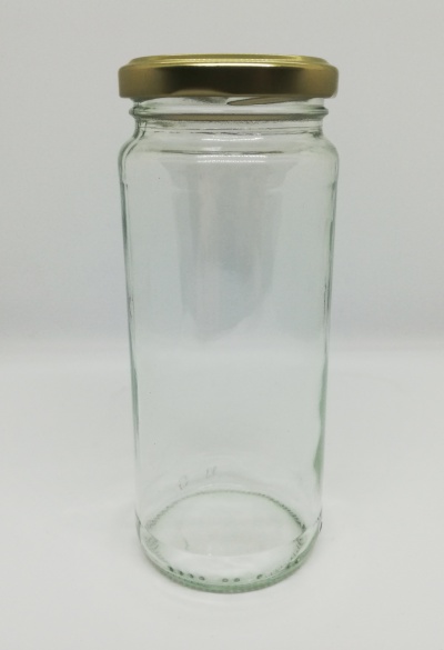 Frasco de vidro transparente com tampa metálica dourada