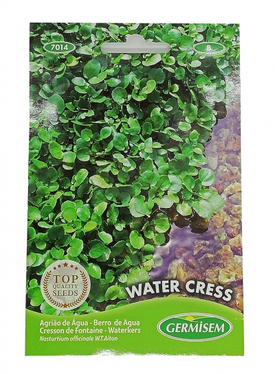Pacote de sementes Agrião de Água Germisem com folhas verdes e texto multilingue