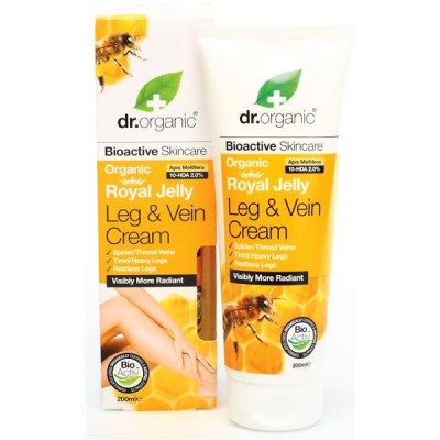 Creme Royal Jelly para pernas e veias dr.organic em tubo branco e amarelo com imagem de abelha