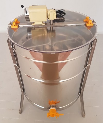 Extractor de mel em aço inoxidável com motor elétrico amarelo e torneira laranja.