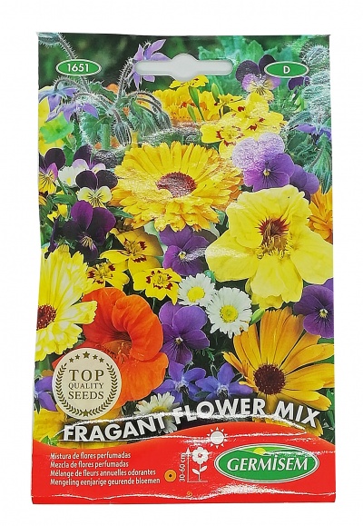 Pacote de sementes colorido com flores perfumadas variadas.